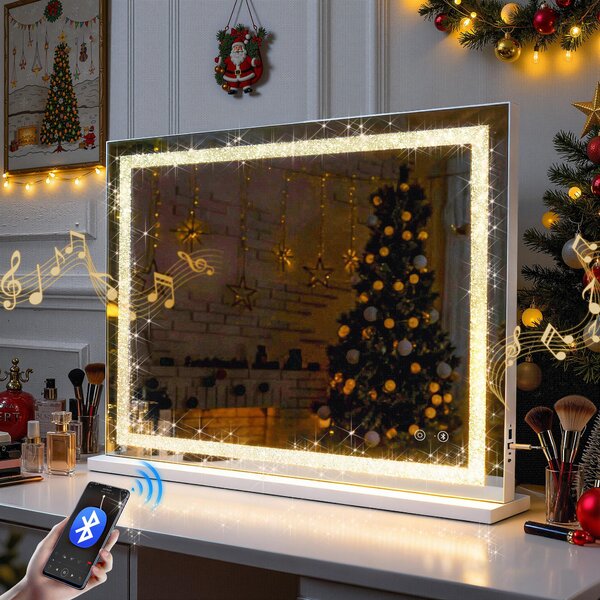 VANITII Hollywoodské kosmetické zrcadlo 80 cm x 58 cm s LED osvětlením 3 světelné režimy krystaly Bluetooth kosmetické zrcadlo do koupelny toaletní stolek Bílá