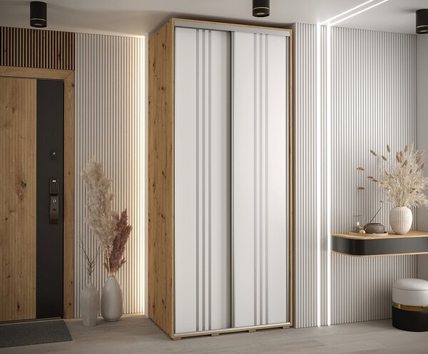 Šatní skříň s posuvnými dveřmi DAVOS 6, 100cm | DUB Artisan / bílá / stříbrné