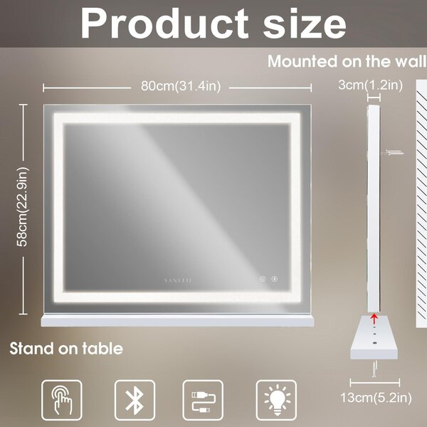 VANITII Hollywoodské kosmetické zrcadlo 80 cm x 58 cm s LED osvětlením 3 světelné režimy krystaly Bluetooth kosmetické zrcadlo do koupelny toaletní stolek Bílá