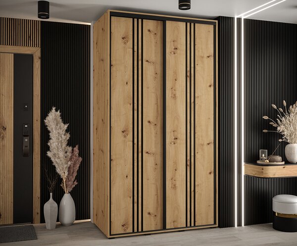 Šatní skříň s posuvnými dveřmi DAVOS 6, 140cm | DUB Artisan / černé pojezdy
