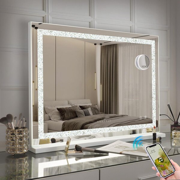 VANITII Hollywoodské kosmetické zrcadlo 80 cm x 58 cm s LED osvětlením 3 světelné režimy krystaly Bluetooth kosmetické zrcadlo do koupelny toaletní stolek Bílá
