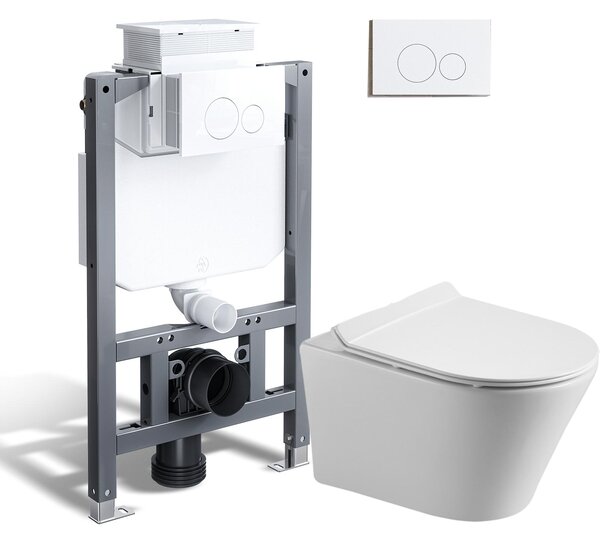 HOROW Kompletní splachovací sada bez ráfku, 82cm skrytá nádržka + závěsný klozet + bílý kulatý tlačný talíř