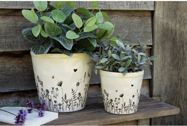 Černo-bílý keramický obal na květináč luční Flora a Fauna M – 15x14 cm