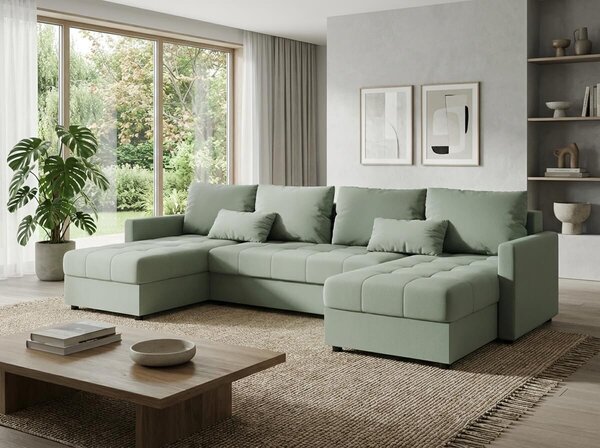 Rozkládací sedací souprava do U VENORIA 285x146 cm, světle zelená + 2 polštářky ZDARMA