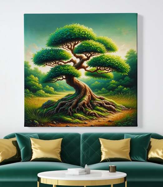 Obraz na plátně - Strom života košatá Bonsai v přírodě FeelHappy.cz Velikost obrazu (šířka x výška): 40 x 40 cm