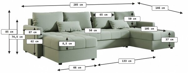 Rozkládací sedací souprava do U VENORIA 285x146 cm, světle zelená + 2 polštářky ZDARMA