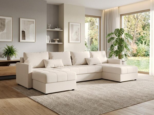 Rozkládací sedací souprava do U VENORIA 285x146 cm, krémová + 2 polštářky ZDARMA