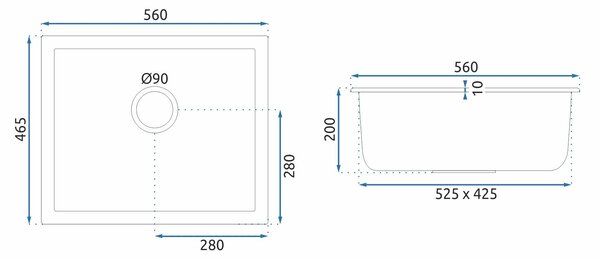 Rea Nels, 1-komorový granitový dřez 560x465x200 mm, černá skvrnitá, ZLE-00114