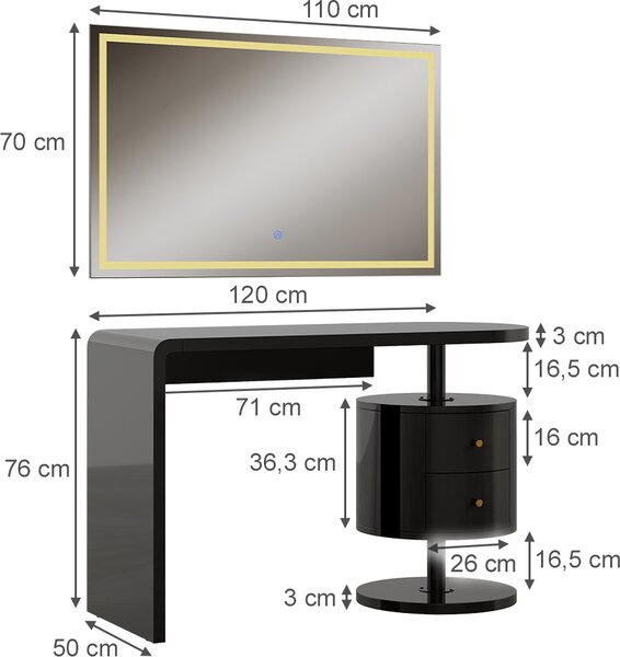 Toaletní stolek Vicco Lara Černý vysoký lesk 120 cm se zrcadlem LED, Model 50182