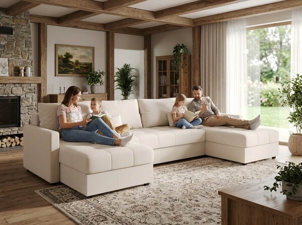 Rozkládací sedací souprava do U VENORIA 285x146 cm, krémová + 2 polštářky ZDARMA