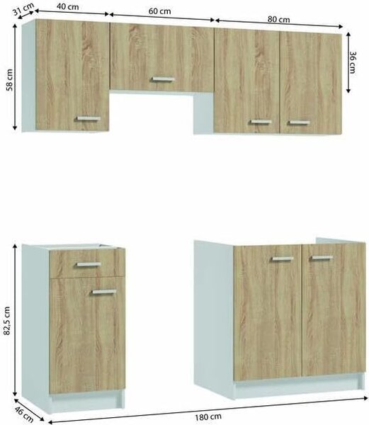 DomoDomo Kuchyňský nábytek First - 5dílná sada v barvě dub Sonoma-bílá, včetně dřezové skříňky 80 cm, zásuvkové skříňky 40 cm, odsavače par 60 cm