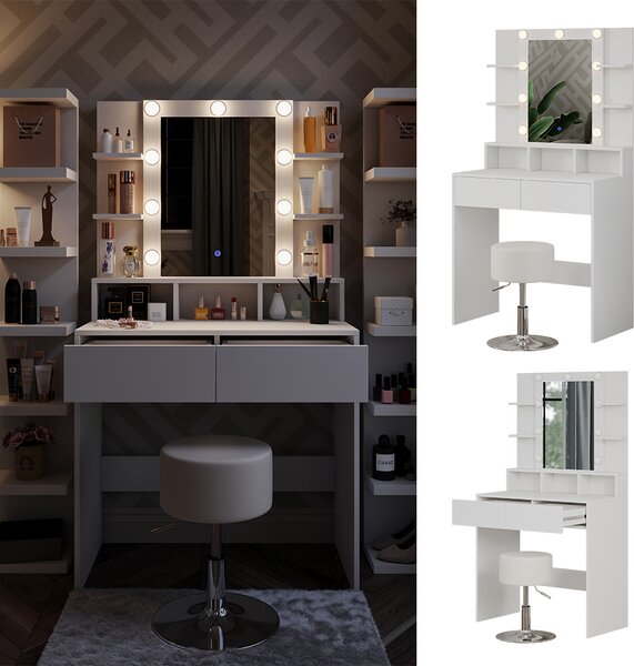 Toaletní stolek Vicco Taylor Bílá 80 cm s LED osvětlením a taburetem, Model 41305