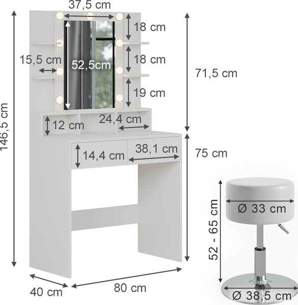 Toaletní stolek Vicco Taylor Bílá 80 cm s LED osvětlením a taburetem, Model 41305
