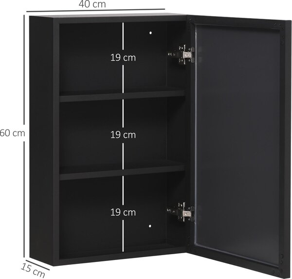 Fortuna Lai Zrcadlová skříňka Moderní závěsná skříňka se zrcadlem 3 vrstvy Černá 40x15x60 cm pro koupelny a úsporu místa