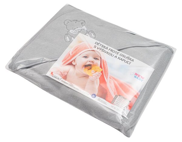 Dětská froté osuška s výšivkou a kapucí New Baby 100x100 šedá medvěd