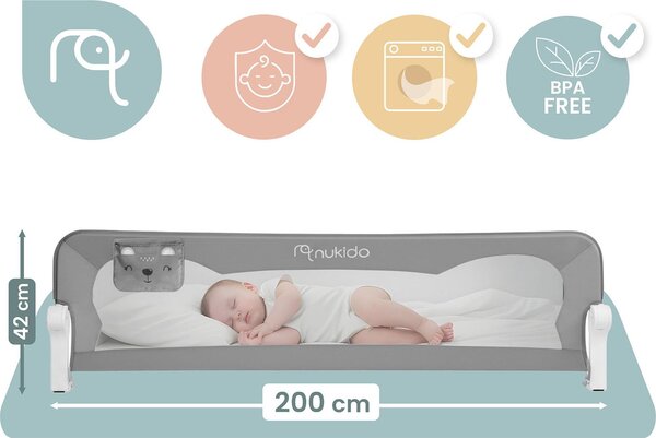 Nukido 722900 Ochranná zábrana k posteli 200 cm, šedá