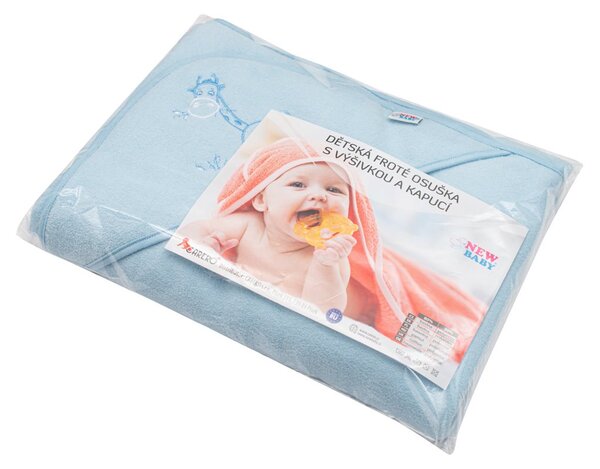 Dětská froté osuška s výšivkou a kapucí New Baby 100x100 modrá žirafka