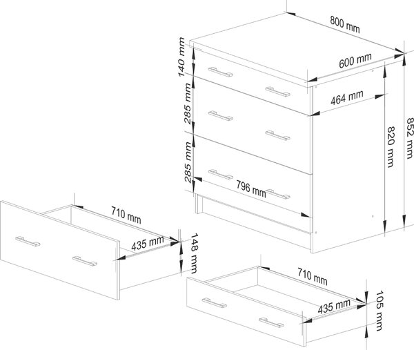 AKORD Furniture Factory KS0POLIBIABIAPOL3S015, Bílá, 16 mm, 3 zásuvka/zásuvek, 460 mm, 800 mm, 850 mm