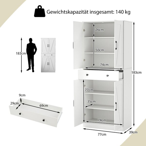 Kuchyňská skříňka COSTWAY 183 cm, spížní skříňka se 4 dvířky, zásuvkou a 3 nastavitelnými policemi, víceúčelová skříňka, vysoká bufetová skříňka, bílá barva