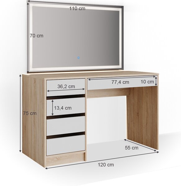 Toaletní stolek Vicco Sherry Bílá/Sonoma 120 cm se zrcadlem LED, Model 36920
