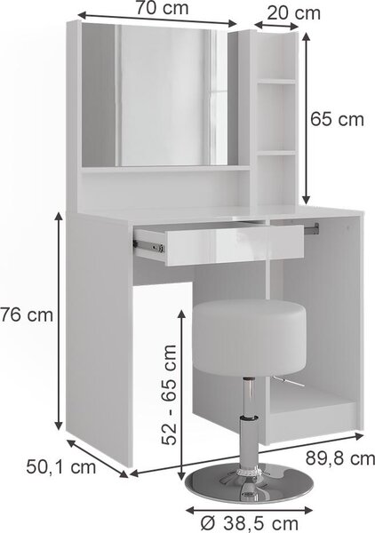 Toaletní stolek Vicco Sherry Bílá/bílý vysoký lesk 89.8 cm 4 díly, Model 57692