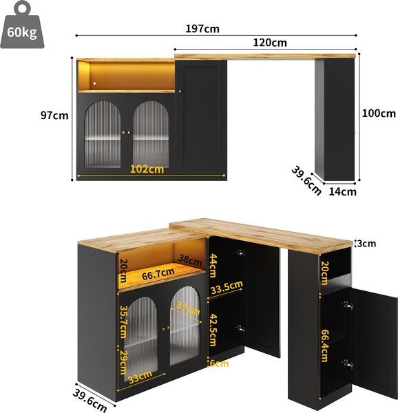 Fortuna Lai Barový stůl otočný o 360° (hlavní část: 198 x 39,6 x 97 cm), matně černá skříň s psacím stolem v dřevěném dekoru, se skleněnými dvířky a LED osvětlením, příborník, skříň na víno, kávový koutek