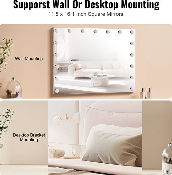 SucceBuy Hollywood toaletní stolek 80 cm x 60 cm 3 barevné režimy odnímatelné 5násobné zvětšení stmívatelné LED světla Typ C a USB připojení Bílá