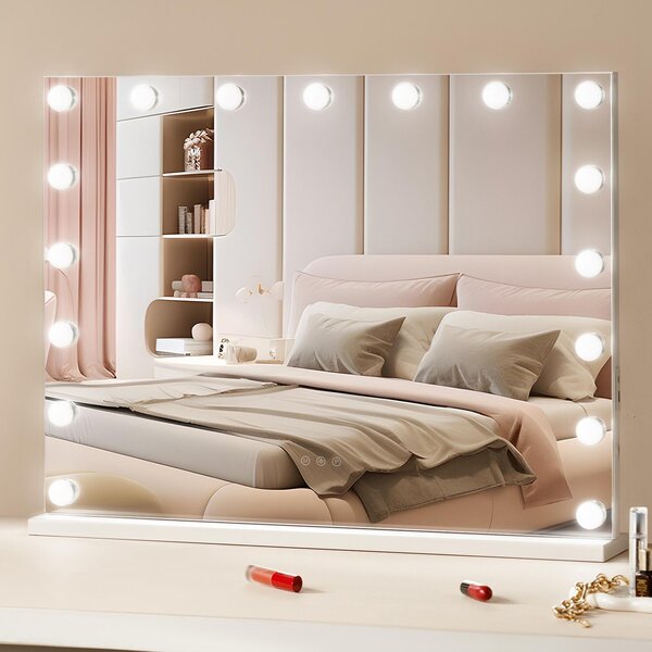 SucceBuy Hollywood toaletní stolek 80 cm x 60 cm 3 barevné režimy odnímatelné 5násobné zvětšení stmívatelné LED světla Typ C a USB připojení Bílá