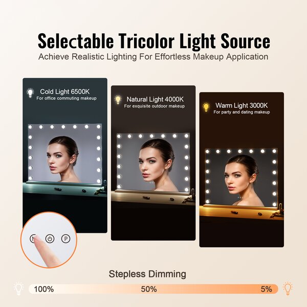 SucceBuy Hollywood toaletní stolek 80 cm x 60 cm 3 barevné režimy odnímatelné 5násobné zvětšení stmívatelné LED světla Typ C a USB připojení Bílá