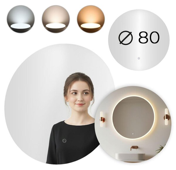 ModernHome VKM-ECO Kulaté nástěnné LED zrcadlo 80 cm, 3 barvy světla