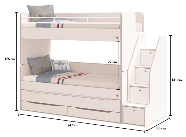Čilek Patrová postel White Studio pro 3 děti 90x200 cm s úložným prostorem (schody)
