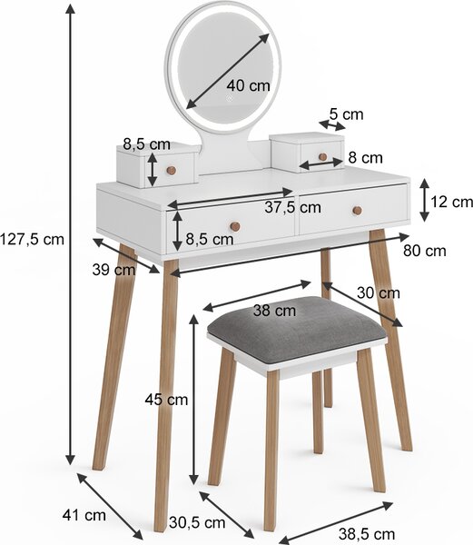 Toaletní stolek Vicco Finya Bílá 80 cm s LED zrcadlem a stoličkou, Model 40317