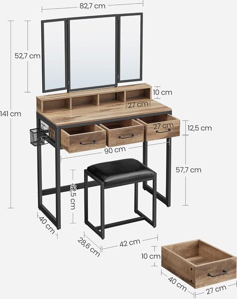 Toaletní stolek VASAGLE s čalouněnou stoličkou, toaletní stolek s trojitým zrcadlem, 3 zásuvky, držák na fén, kosmetický stolek, industriální styl
