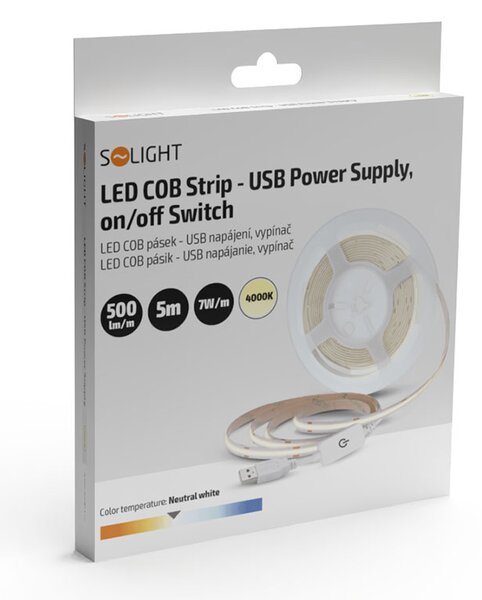 SOLIGHT LED COB pásek 3m 7W/m 500lm/m 4000K neutrální bílá USB napájení vypínač 8mm