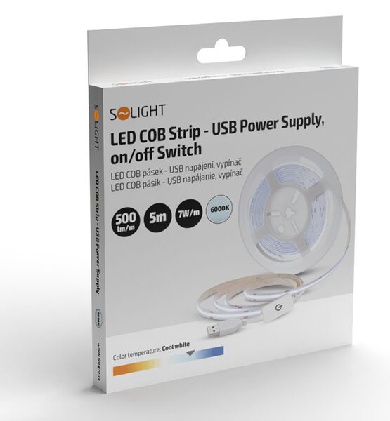 SOLIGHT LED COB pásek 3m 7W/m 500lm/m 6000K denní modrá USB napájení vypínač 8mm