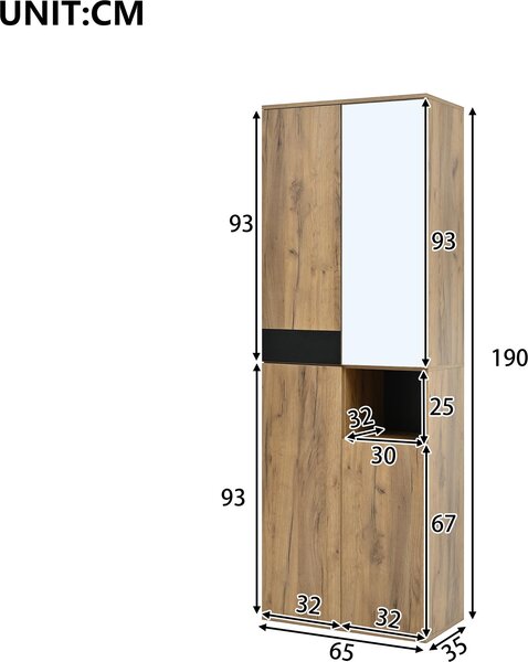 Flieks vysoká skříňka se zrcadlem a 4 dvířky, příborníková skříňka s otevřenými úložnými prostory, 65x35x190 cm, přírodní povrchová úprava