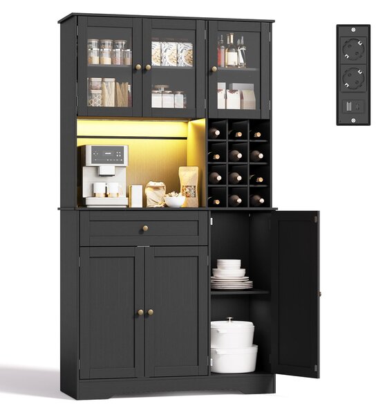 Kuchyňská skříň BEALIFE, rozměry 100x40x180 cm, s LED osvětlením, zásuvkou a držákem na lahve, černá barva, model AP134