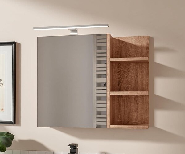 Koupelnová skříňka dub sonoma se zrcadlem a LED osvětlením 60x50 cm závěsná zrcadlová skříňka 1 dveře bezúchytové otevírání police vpravo