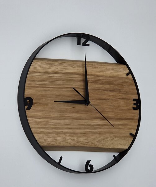 Dřevěné hodiny -45cm, přírodní dřevo - dub, černý kovový rám (45B28)
