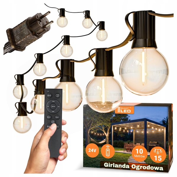 Smart LED Zahradní stmívatelná girlanda 10m 15xLED žárovka E12 24V, dálkové ovládání
