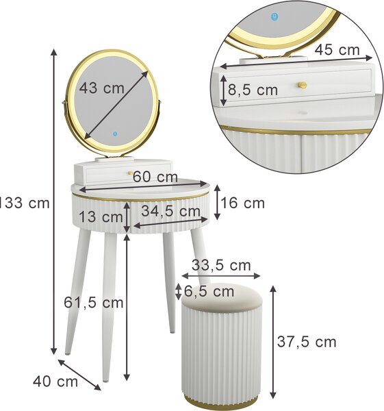 Toaletní stolek Vicco Gesa Bílá 60 cm se zrcadlem LED ve 3 odstínech bílé, stmívatelné, Model 41542