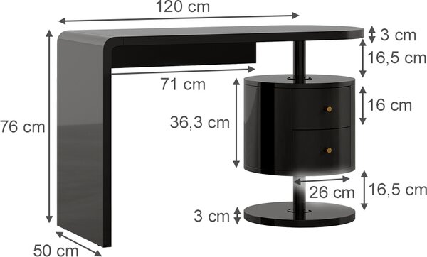 Toaletní stolek Vicco Lara Černý vysoký lesk 120 cm se 2 zásuvkami, Model 50185