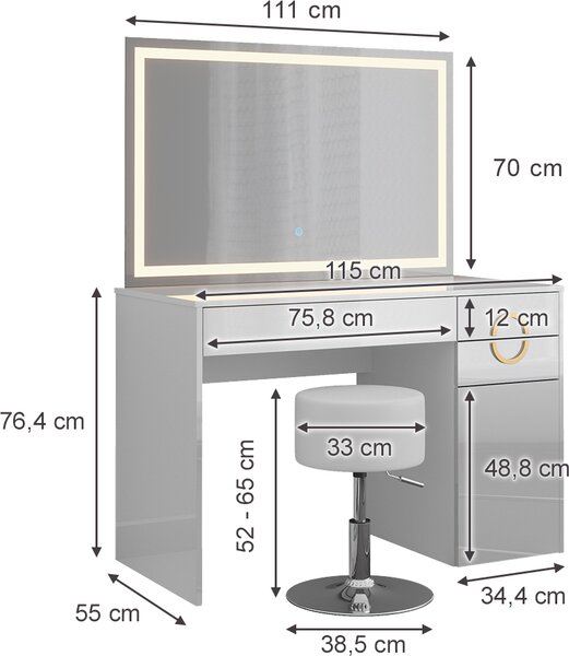 Toaletní stolek Vicco Adela Bílá 115 cm s LED zrcadlem a stoličkou, Model 40860