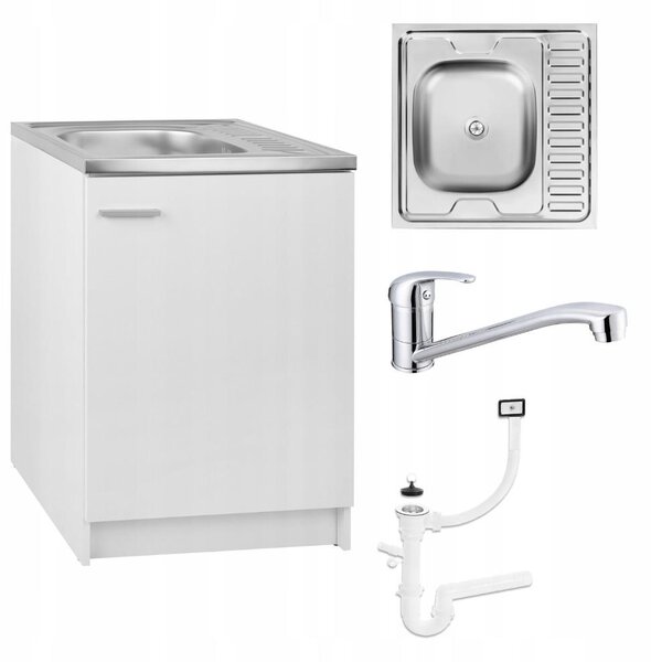 Stamar | Kuchyňská skříňka, s dřezem, kuchyňská dolní skříňka, bílá, 60 cm, s baterií a sifonem