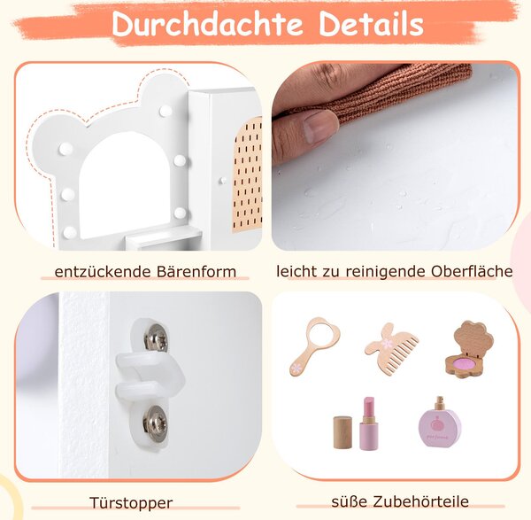 COSTWAY Dětský toaletní stolek, dětský toaletní stolek s osvětlením, zrcadlem, skříňkou, 5 zásuvek a přihrádek, dřevěný toaletní stolek, pro dívky 3+ Bílá