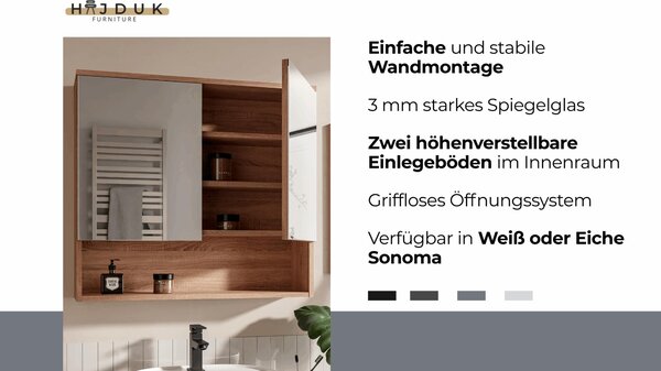 HAJDUK FURNITURE Koupelnová zrcadlová skříňka 78x70 cm sonoma 2 dveře bezúchytková závěsná skříňka do koupelny se zrcadlem a policí