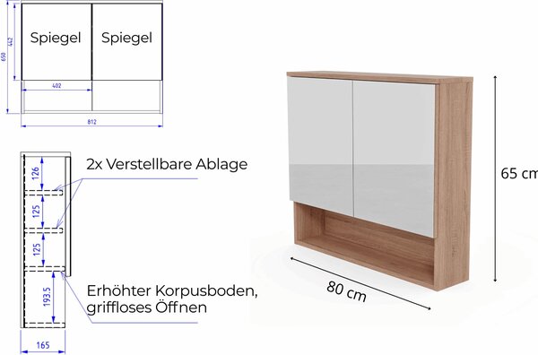 HAJDUK FURNITURE Koupelnová zrcadlová skříňka 78x70 cm sonoma 2 dveře bezúchytková závěsná skříňka do koupelny se zrcadlem a policí