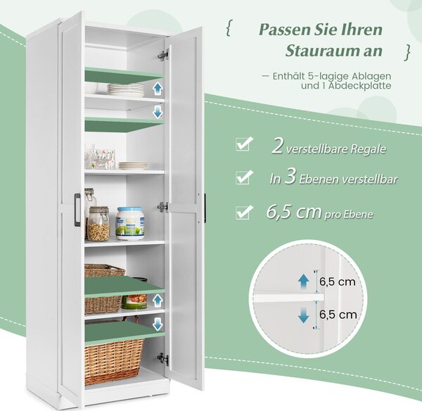 COSTWAY, kuchyňská skříň s 5 policemi, výška 178 cm, vysoká skříň do kuchyně se 2 dvířky a policemi, úložná skříň, skříň pro skladování do kuchyně, ložnice, bílá barva