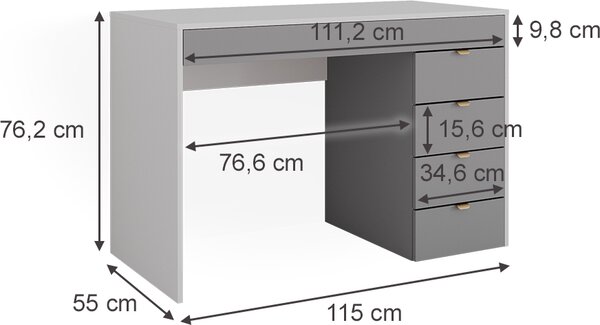 Toaletní stolek Vicco Elise Bílá/šedá/šedá 115 cm s 5 zásuvkami, Model 41312