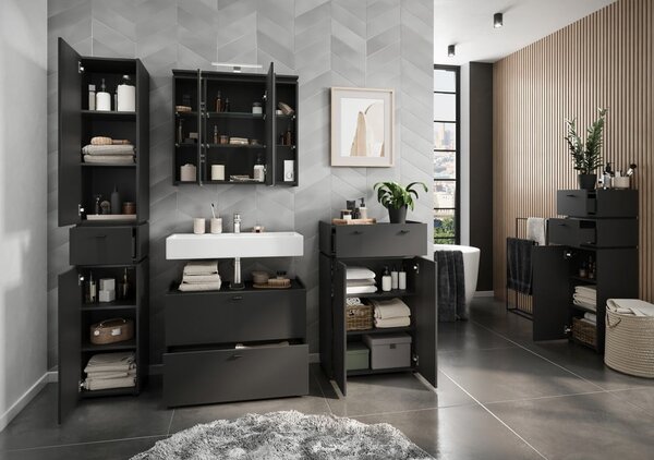 Antracitová koupelnová skříňka se zrcadlem a osvětlením 76x74 cm Modesto – Germania